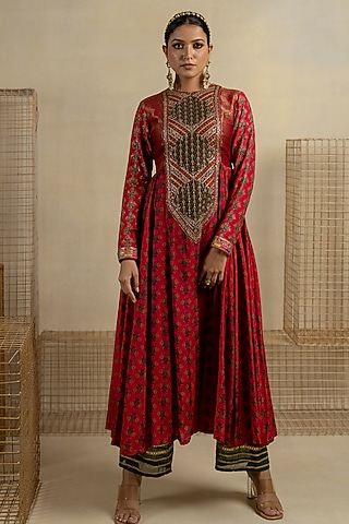 Maroon Cotton Silk Aari Embroidered Anarkali Set by Pooja & Keyur