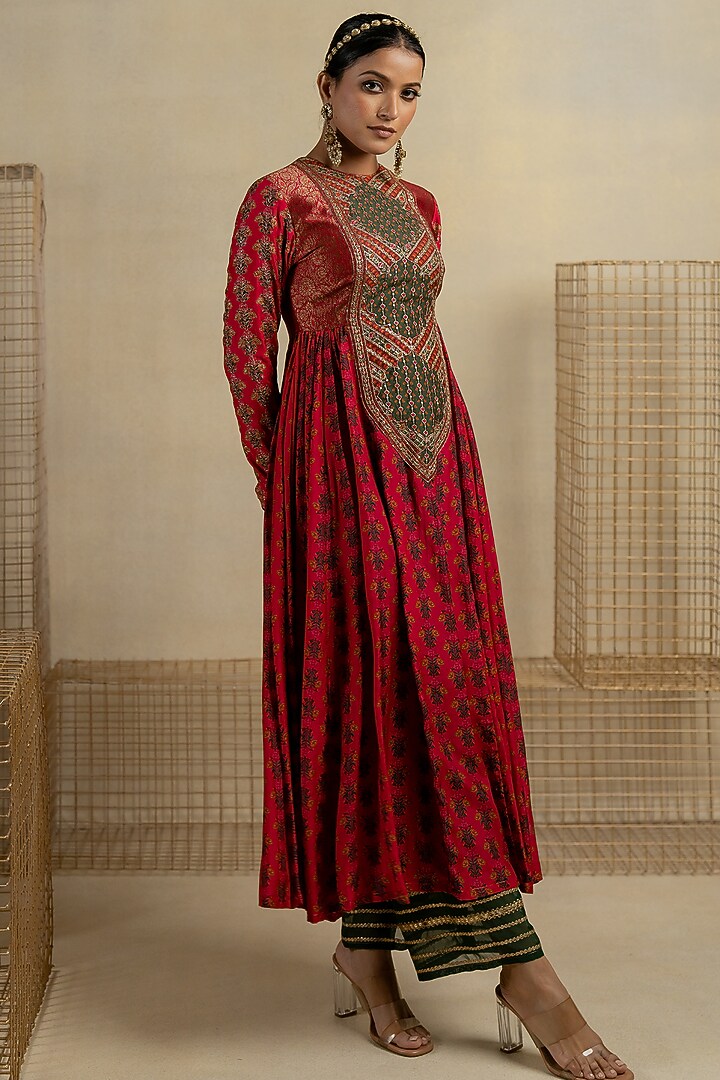 Maroon Cotton Silk Aari Embroidered Wedding Anarkali Set by Pooja & Keyur at Pernia's Pop Up Shop