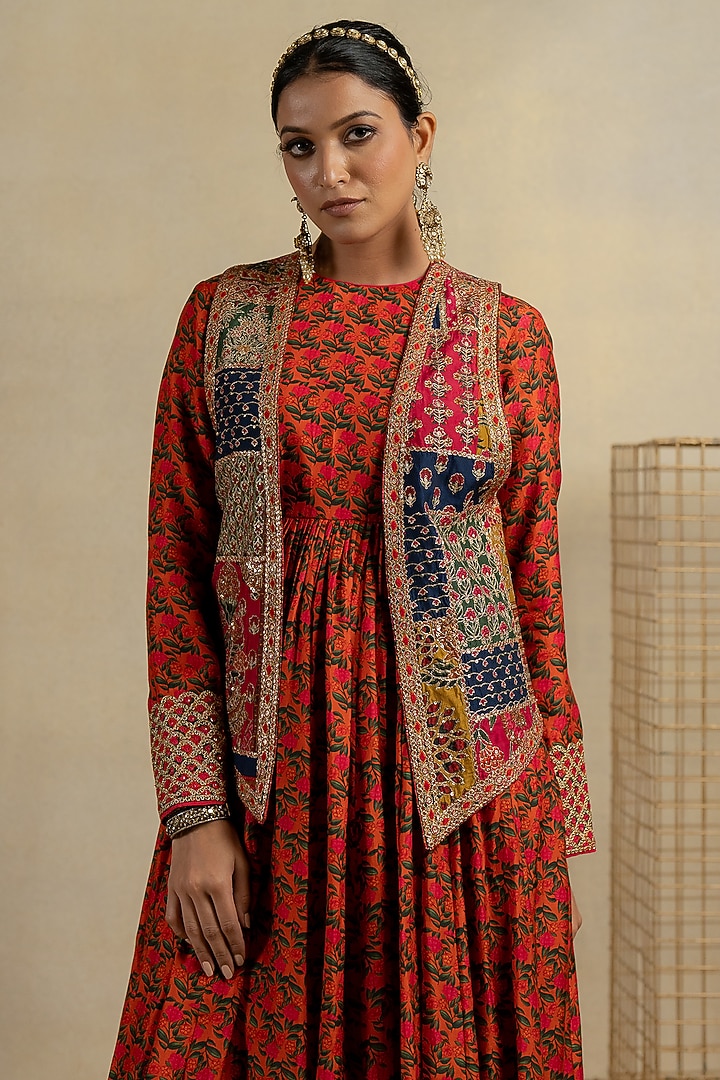 Orange Cotton Silk Aari Embroidered Wedding Anarkali Set by Pooja & Keyur at Pernia's Pop Up Shop