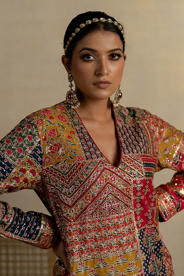 Multi-Colored Silk Patchwork & Aari Embroidered Kurta Set by Pooja & Keyur at Pernia's Pop Up Shop