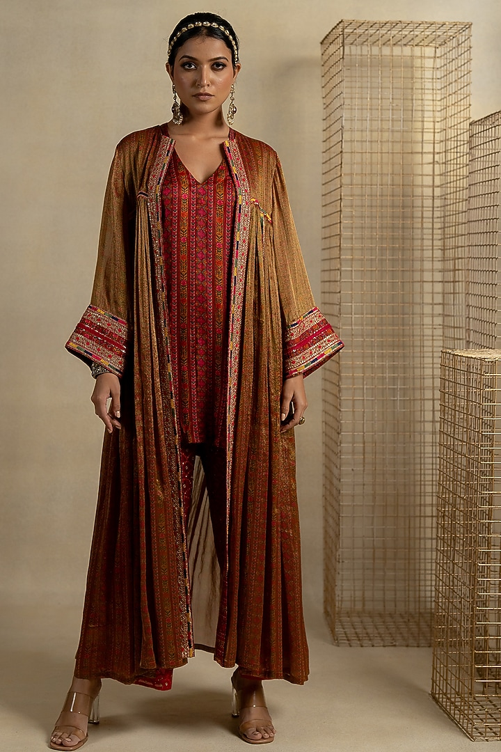 Brown Tissue Aari Embroidered Overlay by Pooja & Keyur at Pernia's Pop Up Shop