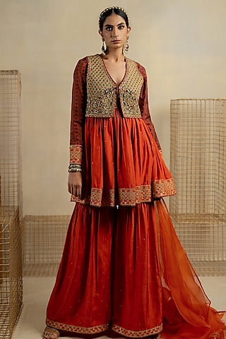 Brown Cotton Silk Aari Embroidered Jacket by Pooja & Keyur