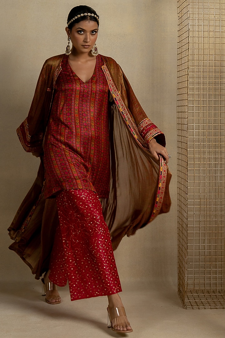 Brown Satin Aari Embroidered Kurta Set by Pooja & Keyur at Pernia's Pop Up Shop