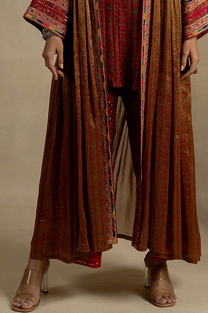 Brown Satin Aari Embroidered Kurta Set by Pooja & Keyur at Pernia's Pop Up Shop