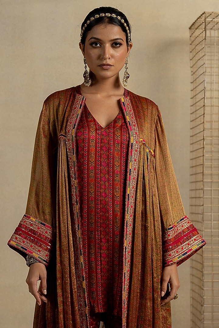 Brown Satin Aari Embroidered Kurta Set by Pooja & Keyur at Pernia's Pop Up Shop