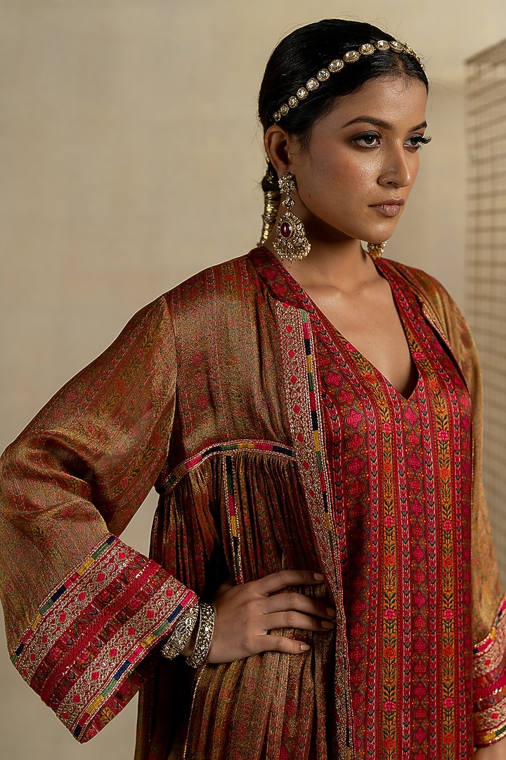 Brown Satin Aari Embroidered Kurta Set by Pooja & Keyur at Pernia's Pop Up Shop