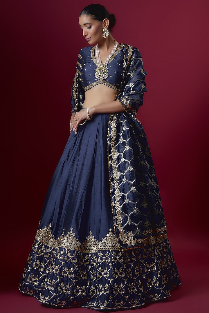 Navy Blue Raw Silk Embroidered Bridal Lehenga Set by Pooja & Keyur at Pernia's Pop Up Shop
