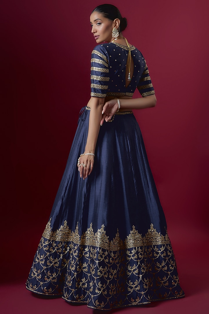 Navy Blue Raw Silk Embroidered Bridal Lehenga Set by Pooja & Keyur at Pernia's Pop Up Shop