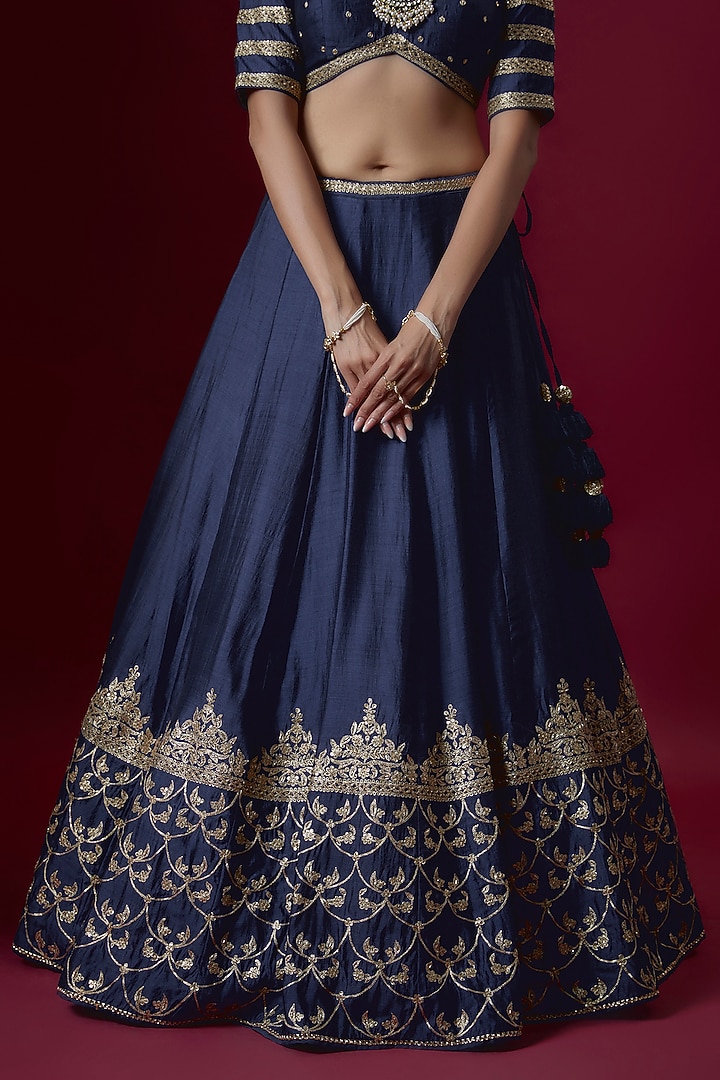 Navy Blue Raw Silk Embroidered Bridal Lehenga Set by Pooja & Keyur at Pernia's Pop Up Shop