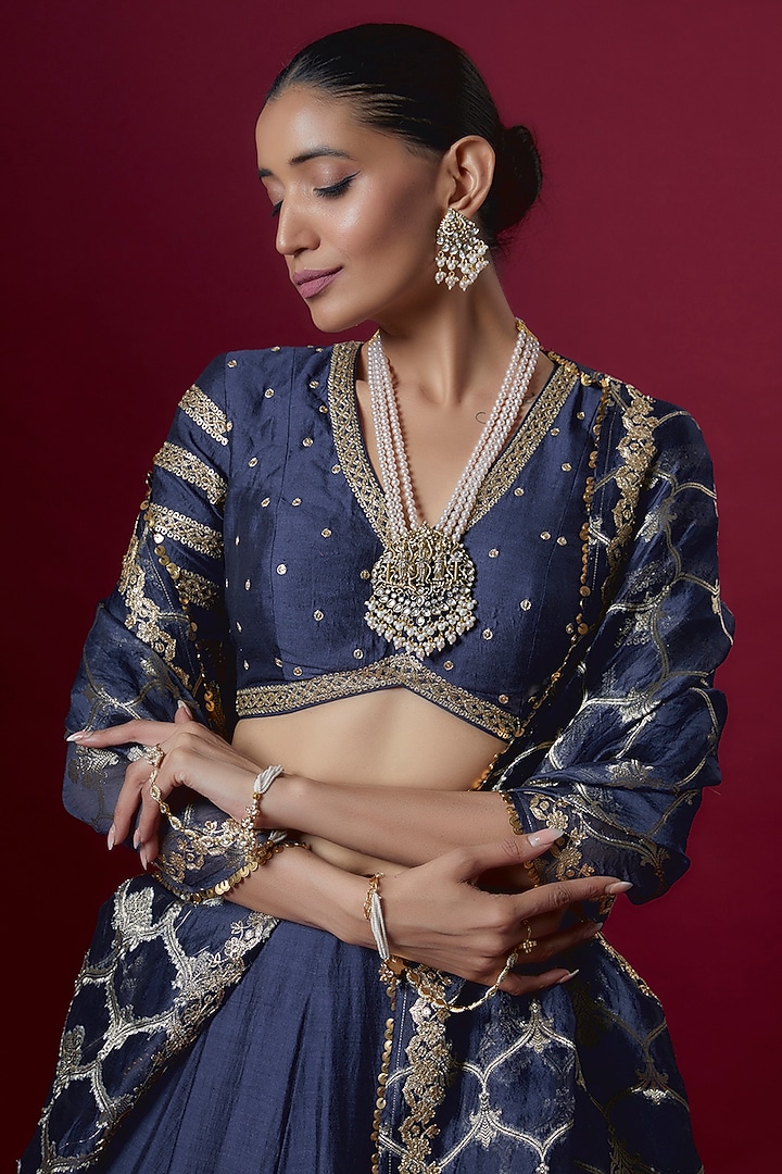 Navy Blue Raw Silk Embroidered Bridal Lehenga Set by Pooja & Keyur at Pernia's Pop Up Shop