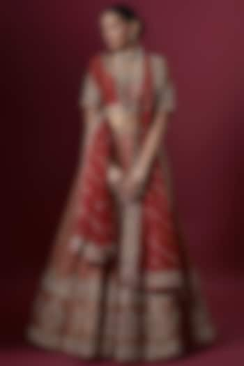 Red Raw Silk Embroidered Bridal Lehenga Set by Pooja & Keyur at Pernia's Pop Up Shop