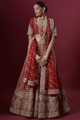 Red Raw Silk Embroidered Lehenga Set by Pooja & Keyur