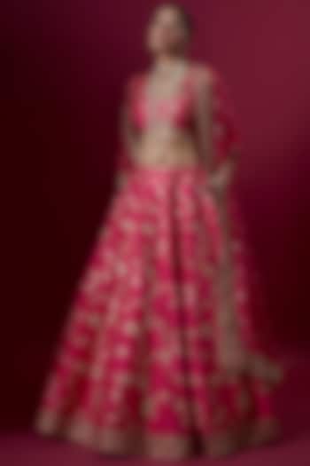 Pink Raw Silk Embroidered Bridal Lehenga Set by Pooja & Keyur at Pernia's Pop Up Shop