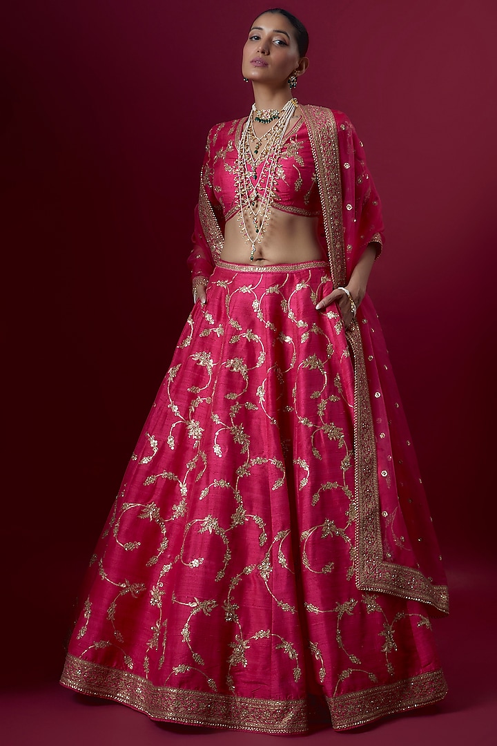 Pink Raw Silk Embroidered Bridal Lehenga Set by Pooja & Keyur at Pernia's Pop Up Shop