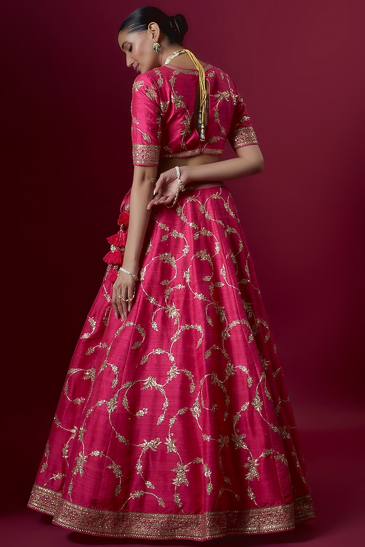 Pink Raw Silk Embroidered Bridal Lehenga Set by Pooja & Keyur at Pernia's Pop Up Shop