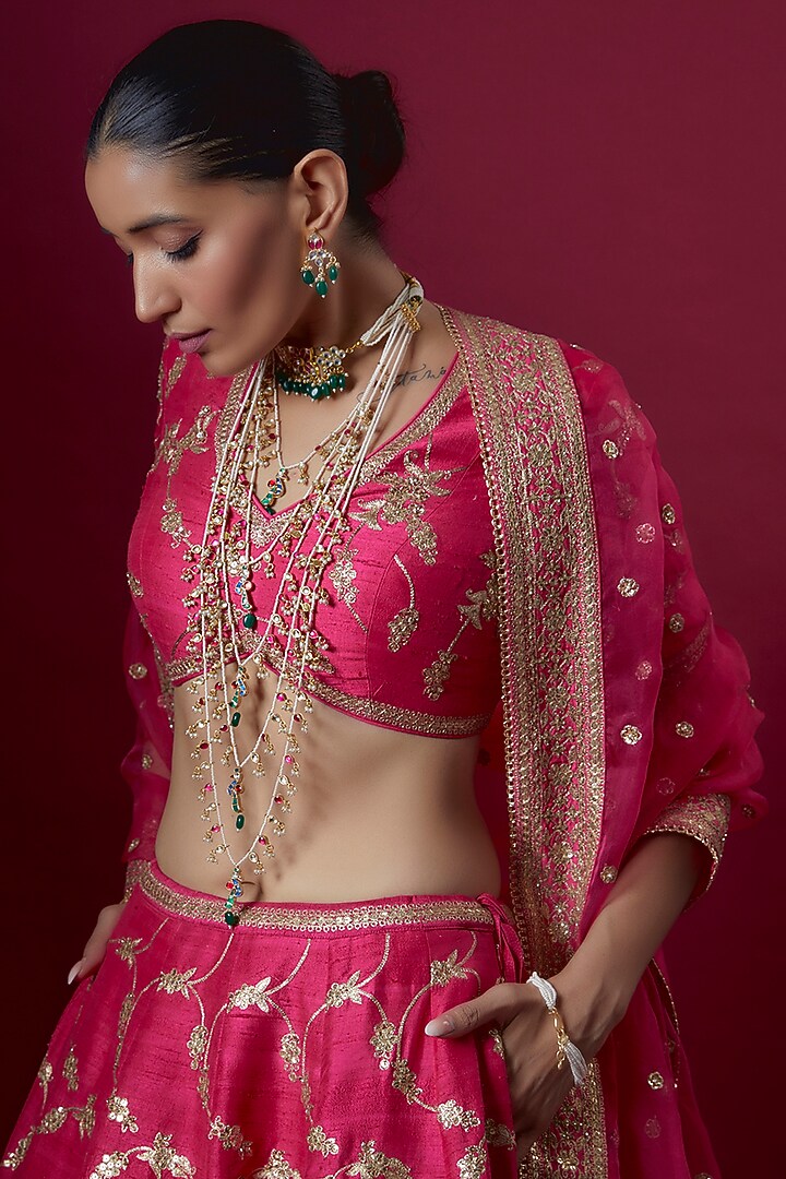 Pink Raw Silk Embroidered Bridal Lehenga Set by Pooja & Keyur at Pernia's Pop Up Shop