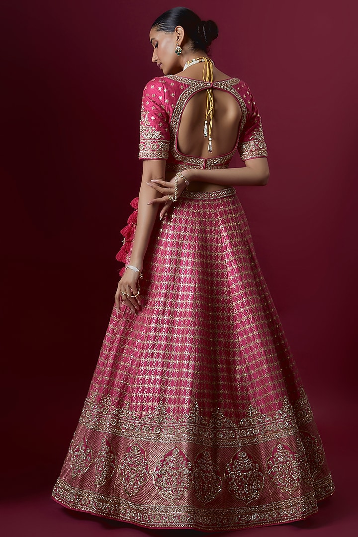 Pink Raw Silk Embroidered Bridal Lehenga Set by Pooja & Keyur at Pernia's Pop Up Shop
