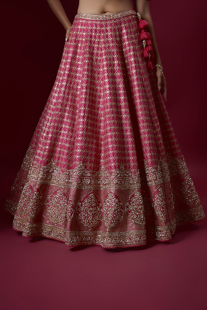 Pink Raw Silk Embroidered Bridal Lehenga Set by Pooja & Keyur at Pernia's Pop Up Shop