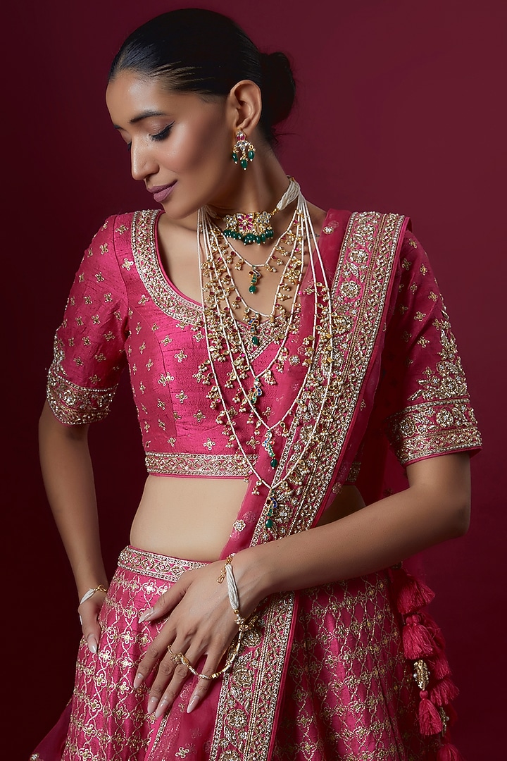 Pink Raw Silk Embroidered Bridal Lehenga Set by Pooja & Keyur at Pernia's Pop Up Shop
