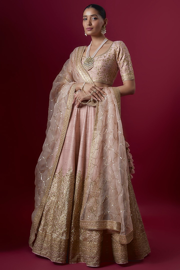 Powder Pink Raw Silk Embroidered Bridal Lehenga Set by Pooja & Keyur at Pernia's Pop Up Shop