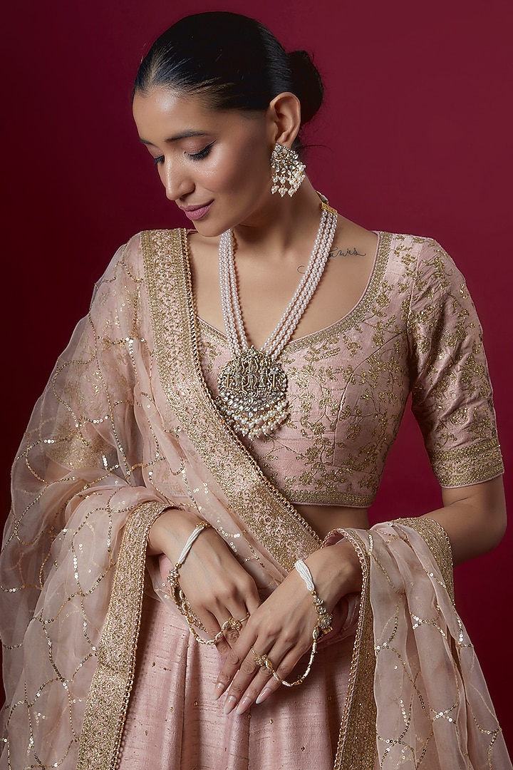 Powder Pink Raw Silk Embroidered Bridal Lehenga Set by Pooja & Keyur at Pernia's Pop Up Shop