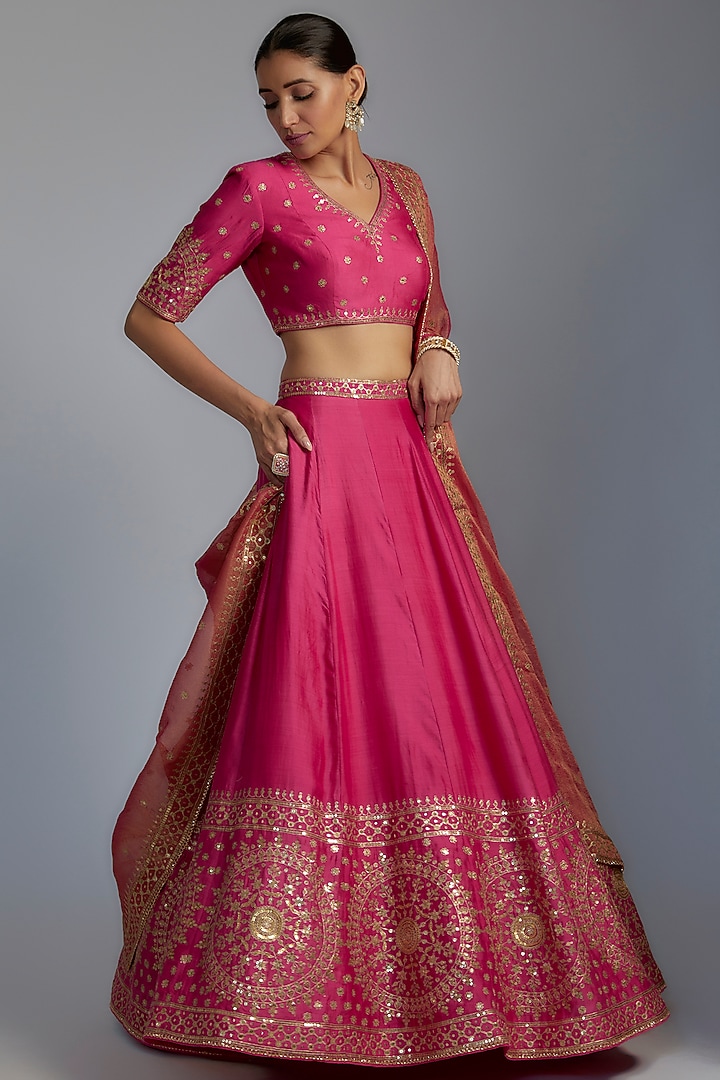 Pink Silk Embroidered Bridal Lehenga Set by Pooja & Keyur at Pernia's Pop Up Shop