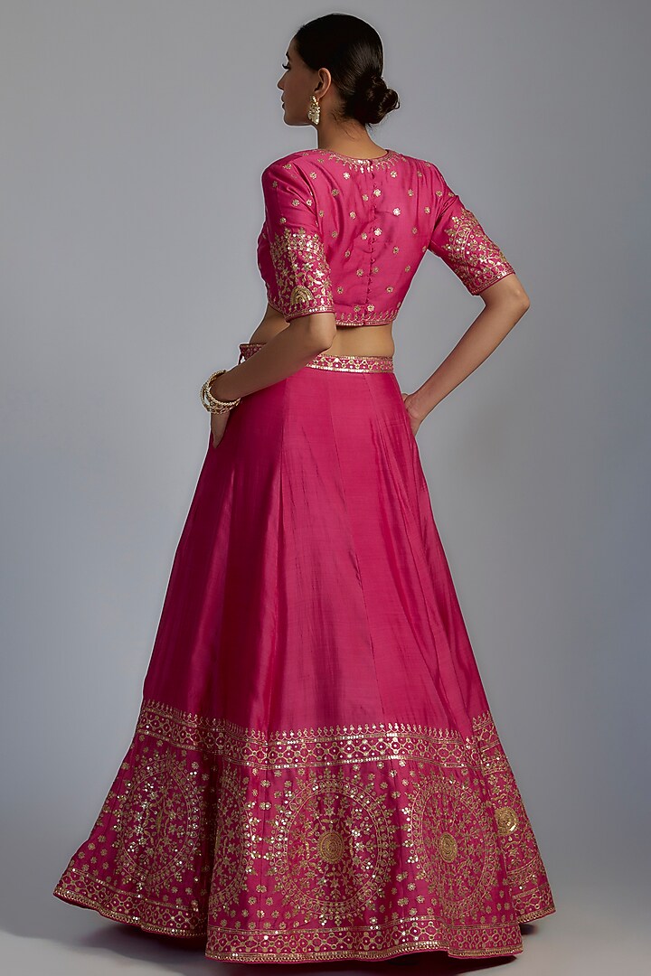 Pink Silk Embroidered Bridal Lehenga Set by Pooja & Keyur at Pernia's Pop Up Shop