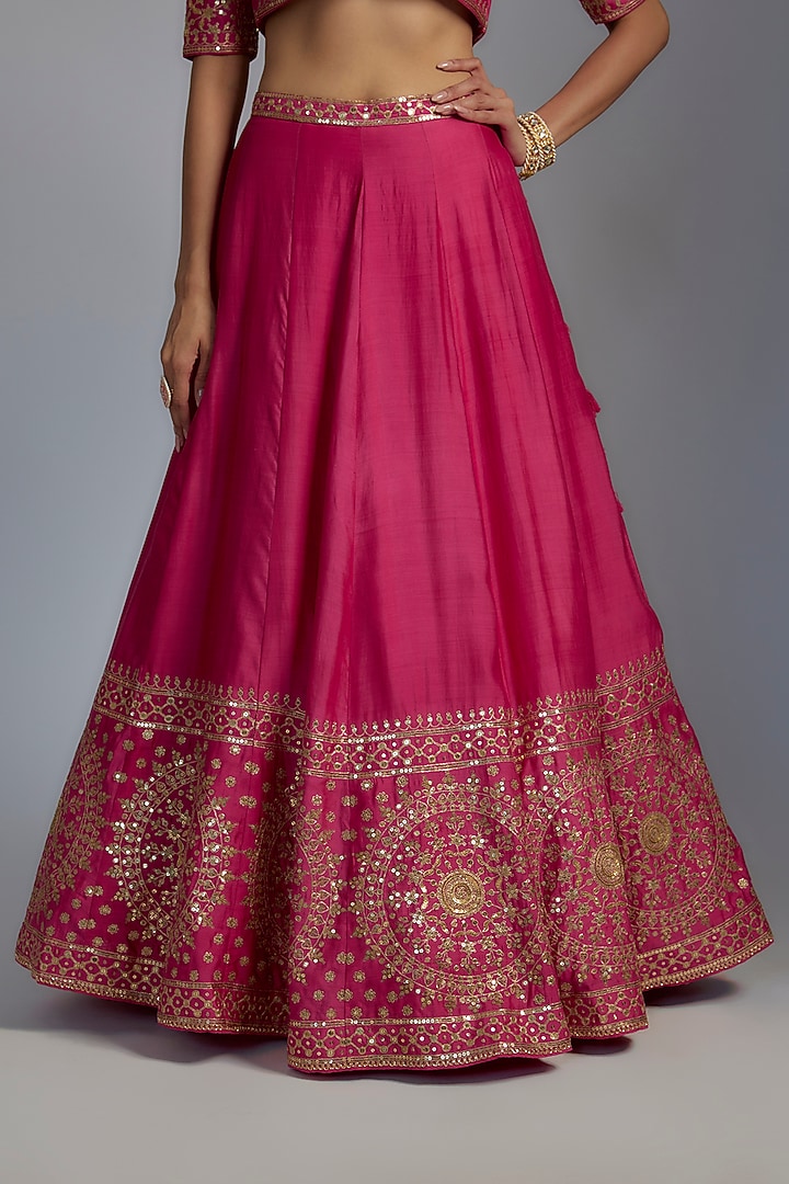 Pink Silk Embroidered Bridal Lehenga Set by Pooja & Keyur at Pernia's Pop Up Shop
