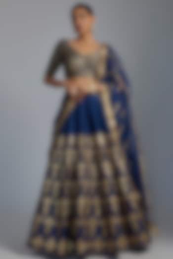 Blue Raw Silk Embroidered Bridal Lehenga Set by Pooja & Keyur at Pernia's Pop Up Shop