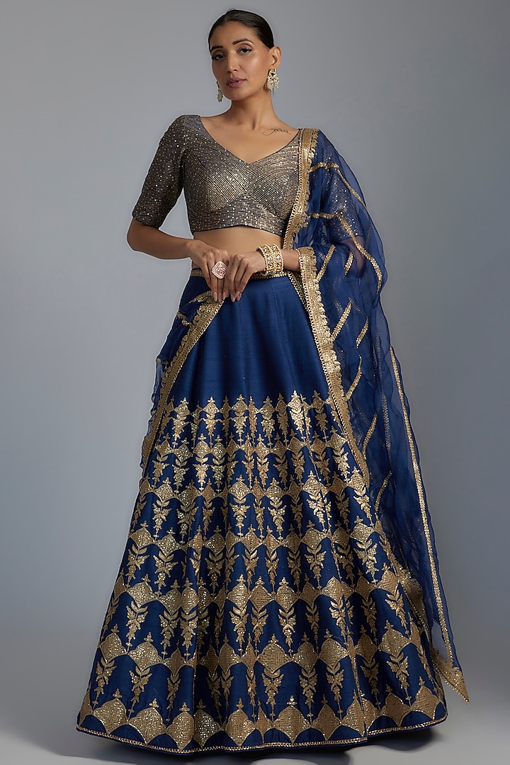 Blue Raw Silk Embroidered Bridal Lehenga Set by Pooja & Keyur at Pernia's Pop Up Shop