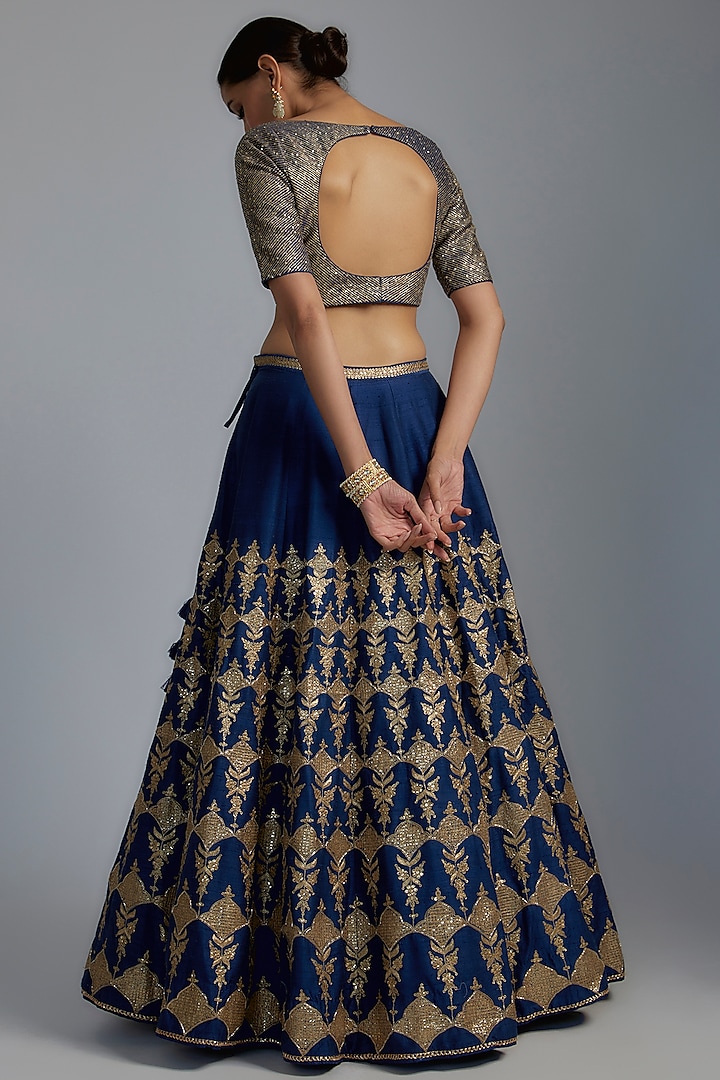 Blue Raw Silk Embroidered Bridal Lehenga Set by Pooja & Keyur at Pernia's Pop Up Shop