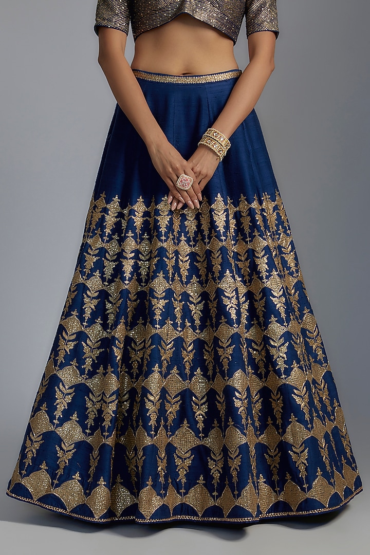 Blue Raw Silk Embroidered Bridal Lehenga Set by Pooja & Keyur at Pernia's Pop Up Shop