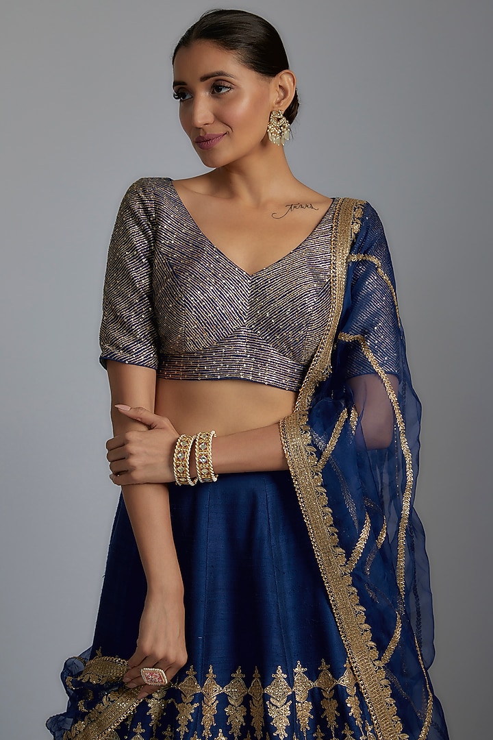 Blue Raw Silk Embroidered Bridal Lehenga Set by Pooja & Keyur at Pernia's Pop Up Shop