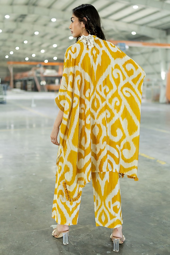 Mustard Cotton Silk Embroidered Kaftan Set by Pooja & Keyur at Pernia's Pop Up Shop