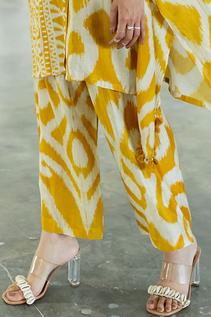 Mustard Cotton Silk Embroidered Kaftan Set by Pooja & Keyur at Pernia's Pop Up Shop