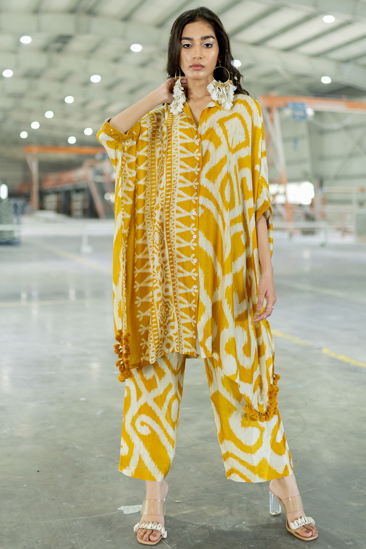 Designer Mustard Yellow Embroidered Kaftan with Red Straight Pants – Festive Ethnic Set for Women