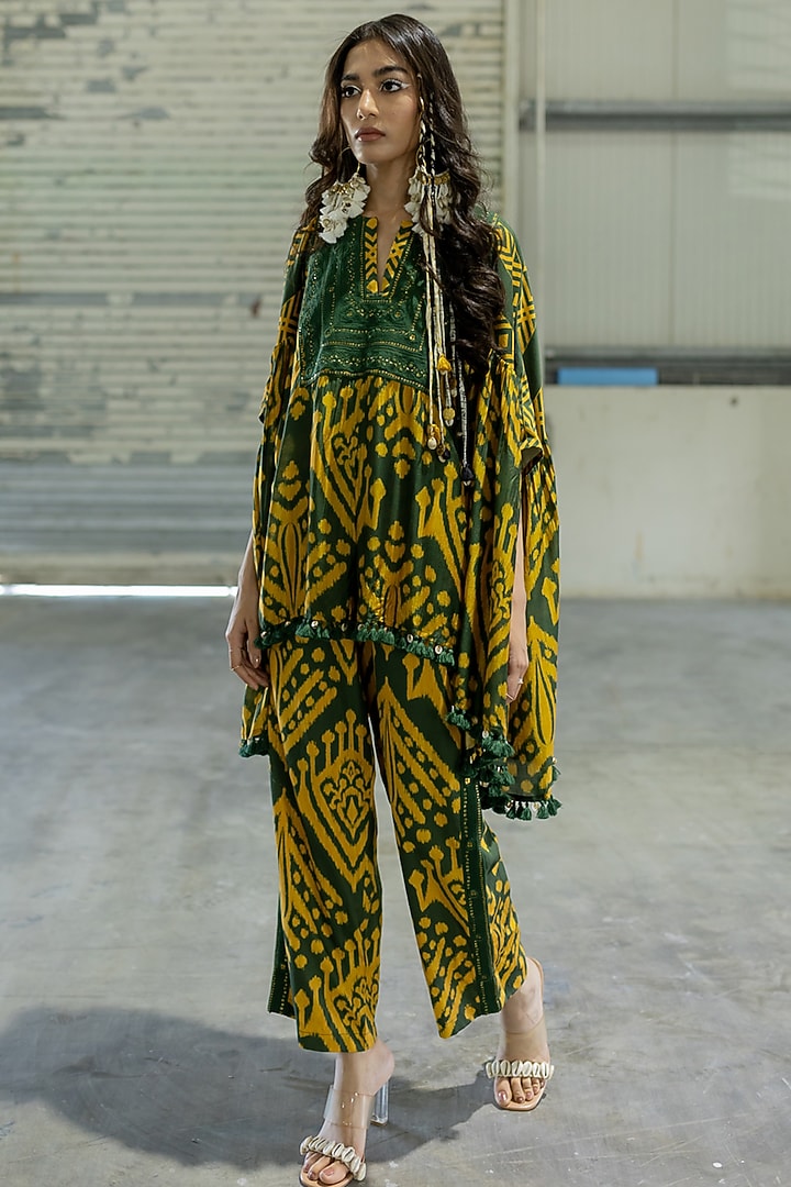 Olive Green & Mustard Cotton Silk Embroidered Co-Ord Set by Pooja & Keyur at Pernia's Pop Up Shop