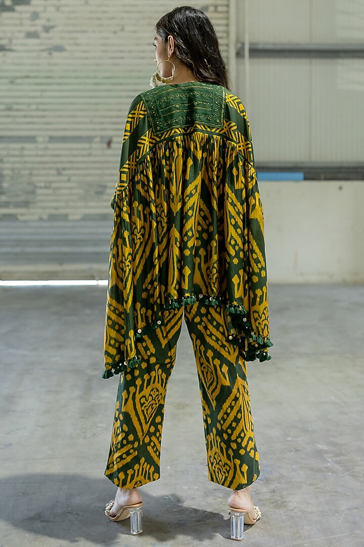 Olive Green & Mustard Cotton Silk Embroidered Co-Ord Set by Pooja & Keyur at Pernia's Pop Up Shop