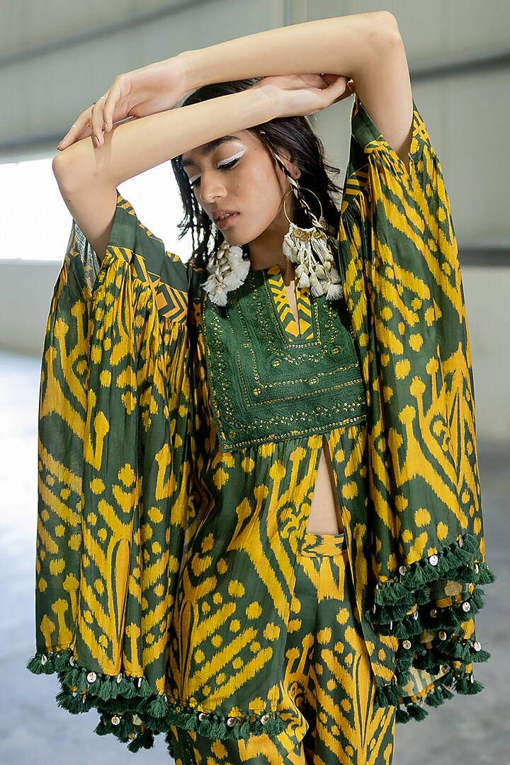 Olive Green & Mustard Cotton Silk Embroidered Co-Ord Set by Pooja & Keyur at Pernia's Pop Up Shop