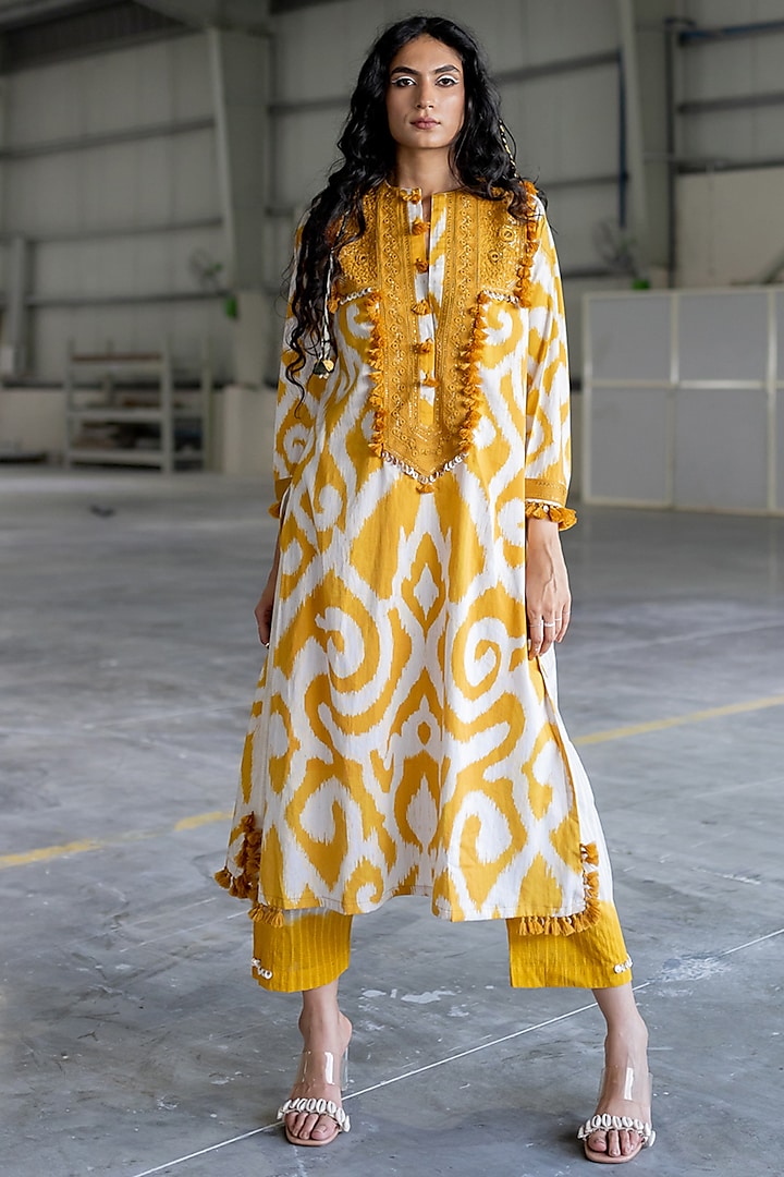 Mustard Cotton Satin Embroidered Kurta Set by Pooja & Keyur