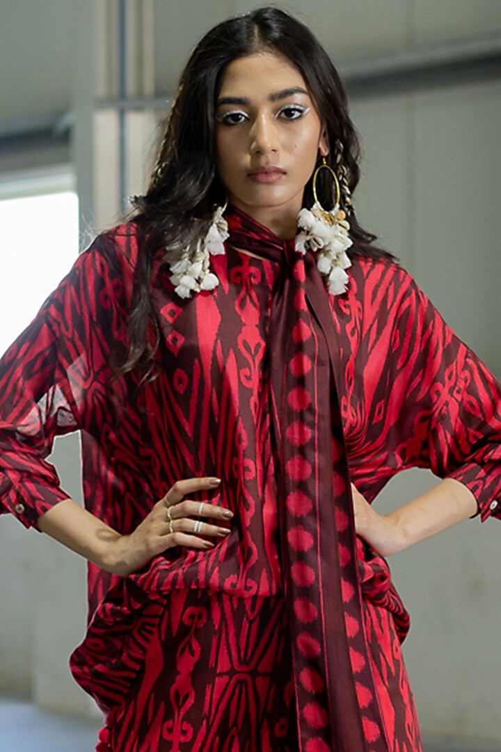 Red Brown Cotton Silk Embroidered Co-Ord Set by Pooja & Keyur at Pernia's Pop Up Shop