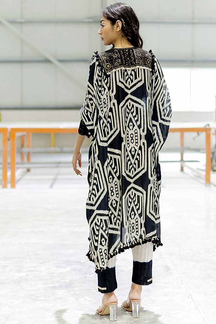 Black Cotton Satin Embroidered Kaftan Set by Pooja & Keyur at Pernia's Pop Up Shop