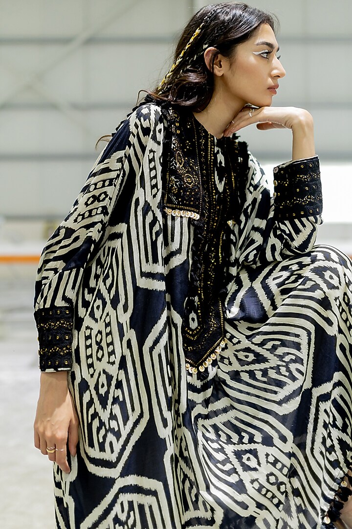Black Cotton Satin Embroidered Kaftan Set by Pooja & Keyur at Pernia's Pop Up Shop