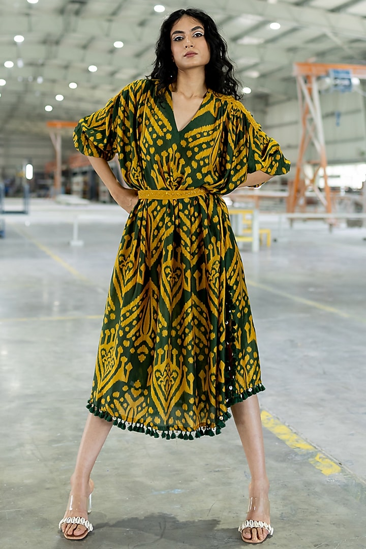 Olive Green & Mustard Cotton Silk Embroidered Kaftan Dress by Pooja & Keyur