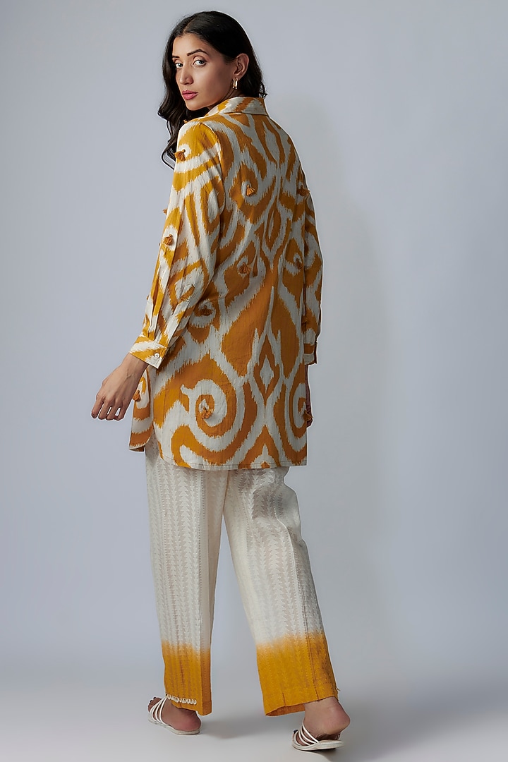 Mustard Cotton Satin Digital Printed Shirt by Pooja & Keyur at Pernia's Pop Up Shop