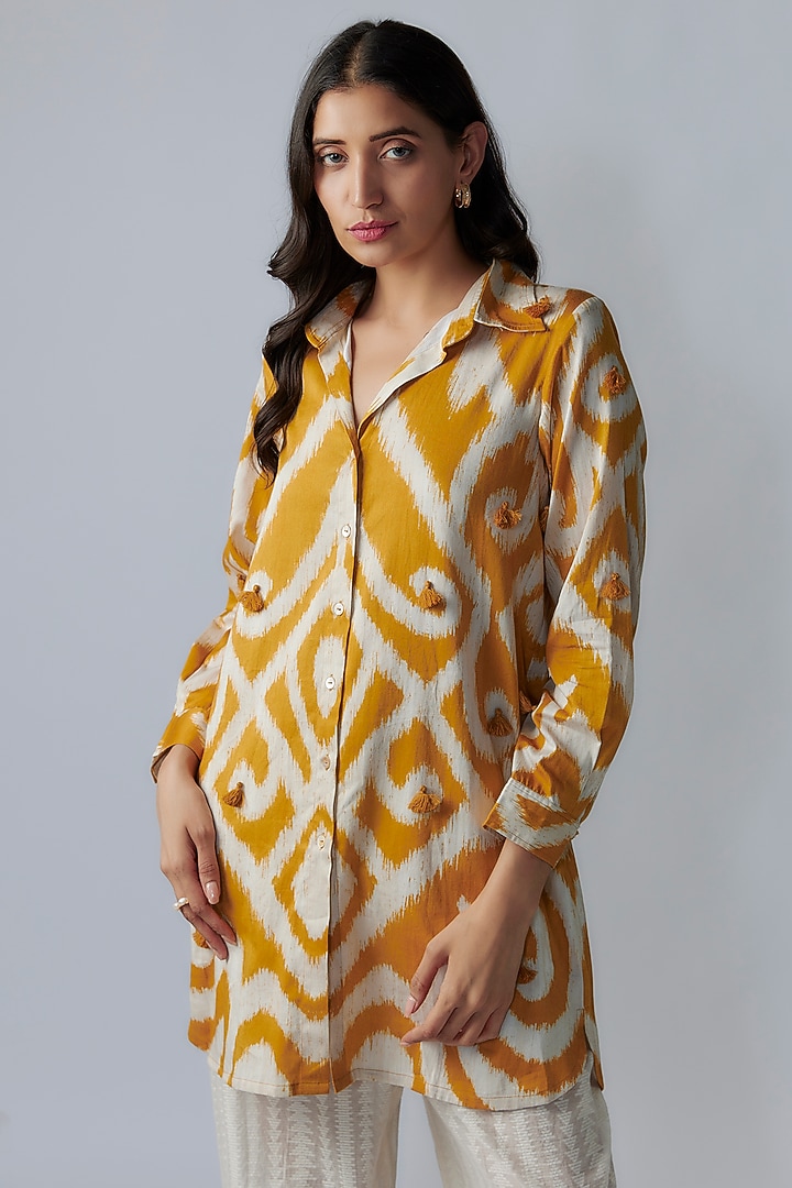 Mustard Cotton Satin Digital Printed Shirt by Pooja & Keyur at Pernia's Pop Up Shop