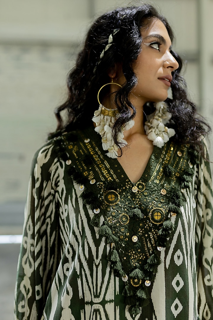 Olive Green Cotton Silk Embroidered Mini Vacation Dress by Pooja & Keyur at Pernia's Pop Up Shop