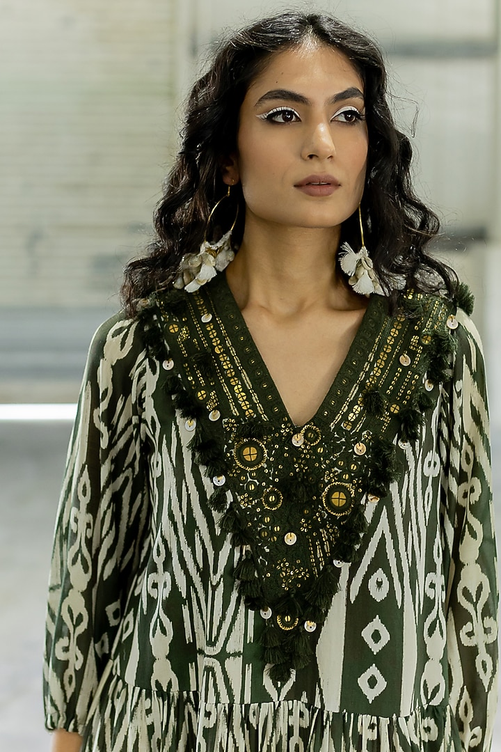 Olive Green Cotton Silk Embroidered Mini Vacation Dress by Pooja & Keyur at Pernia's Pop Up Shop