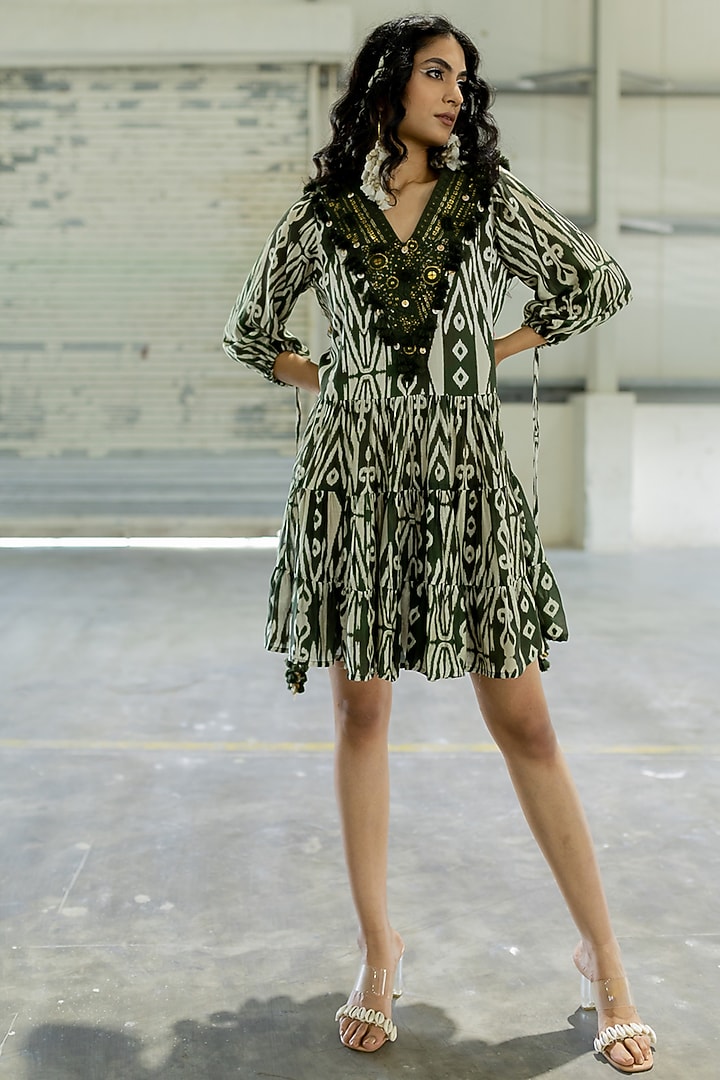 Olive Green Cotton Silk Embroidered Mini Vacation Dress by Pooja & Keyur at Pernia's Pop Up Shop
