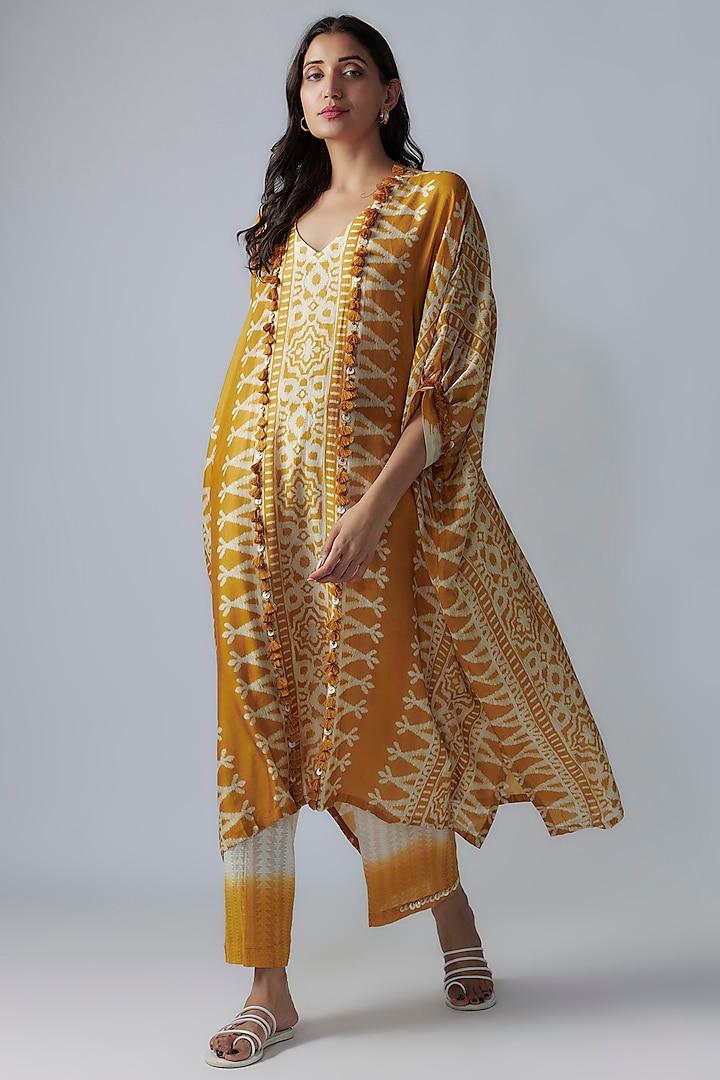 Mustard Cotton Silk Digital Printed Kaftan Set by Pooja & Keyur